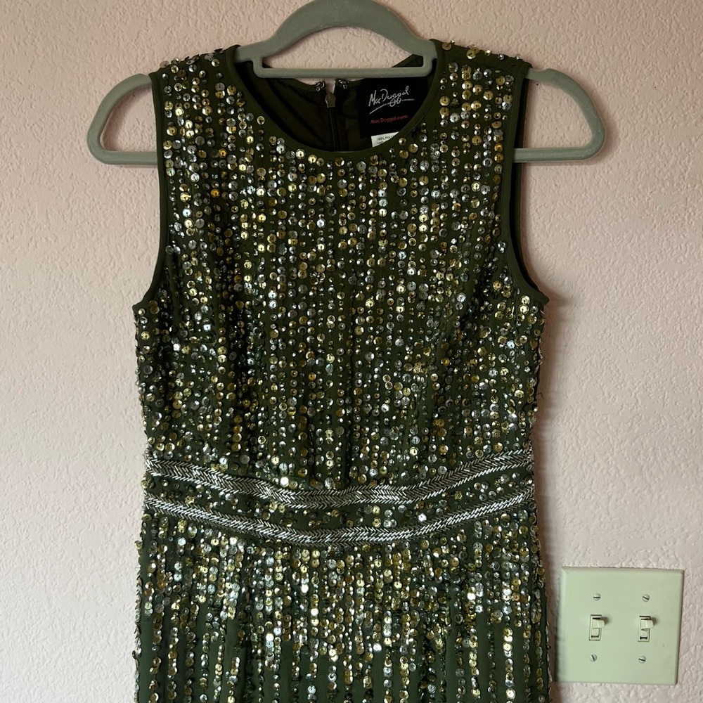 Mac Duggal Olive Green Sequin Maxi Dress